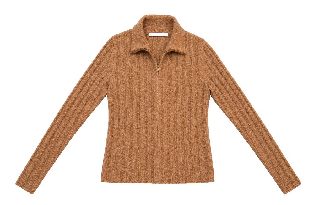 Womens Cashmere Sweater Medium Camel Tan Full Zip Cardigan Rib Knit Quiet Luxury
